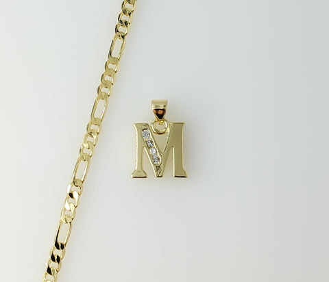 Plated Dainty Letter "M" 3mm Figaro Chain Necklace