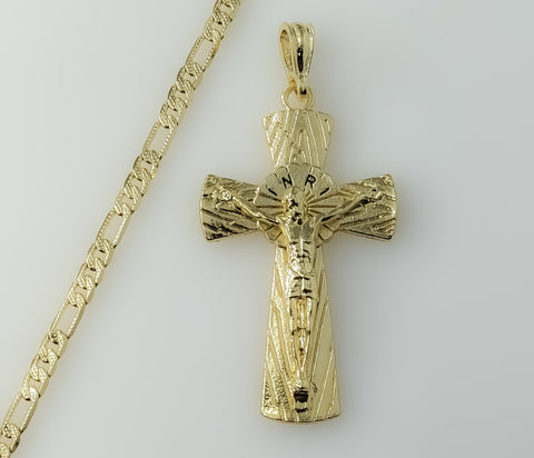 Spiritual Plated Cross Jesus Crucifix 14K 4mm Diamond Cut Figaro Chain Necklace