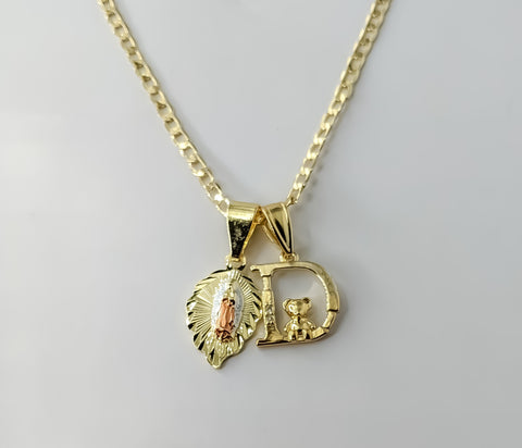 Gold plated Virgin Mary double pendants on a 14K tri-colored chain necklace.
Gold plated Virgin Mary double pendants wit