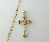 A gold-plated flat chain necklace with a small Jesus crucifix pendant and anchor charm.