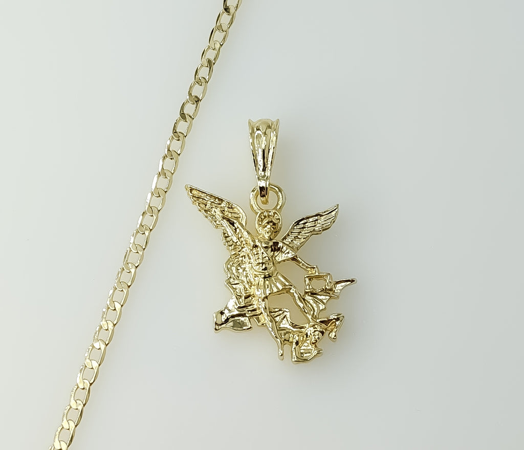 A gold plated 14K Cuban chain necklace with an archangel charm.

Gold plated Cuban chain necklace featuring an archangel