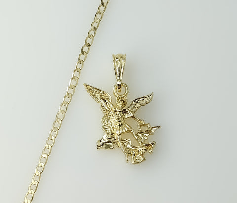 A gold plated 14K Cuban chain necklace with an archangel charm.

Gold plated Cuban chain necklace featuring an archangel