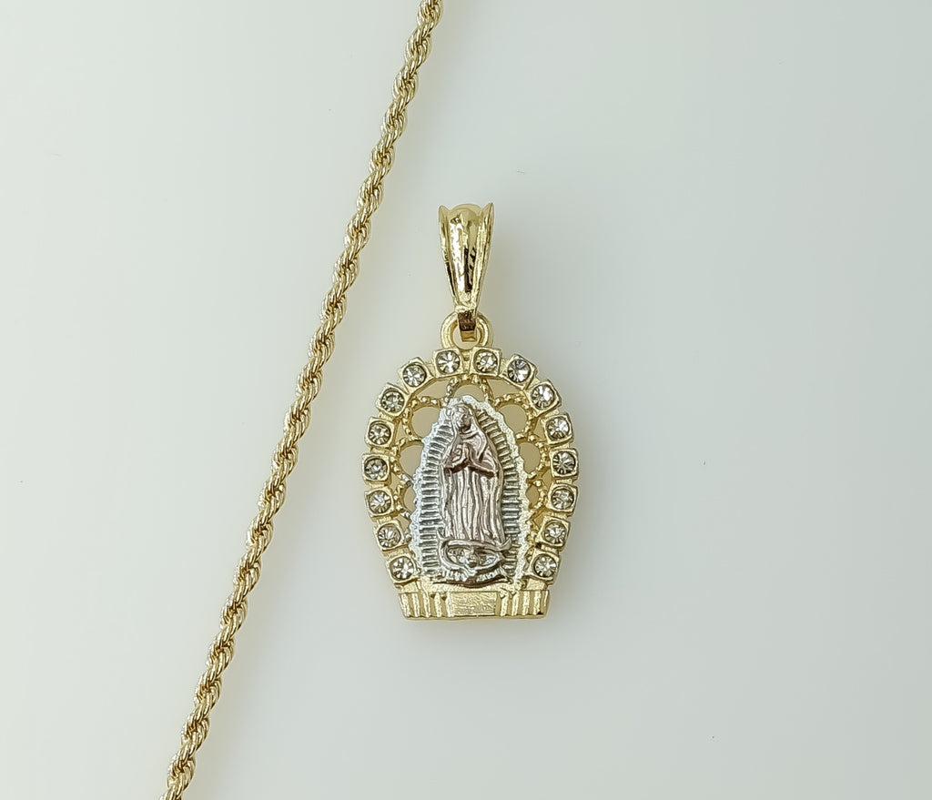 Gold plated tri-color Virgin Mary pendant on a braided rope chain necklace.
Gold plated Virgin Mary pendant on a braided