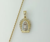 Gold plated tri-color Virgin Mary pendant on a braided rope chain necklace.
Gold plated Virgin Mary pendant on a braided