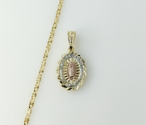 Gold plated star chain necklace with Virgin Mary pendant in tri-color design.
Gold plated tri-color Virgin Mary pendant