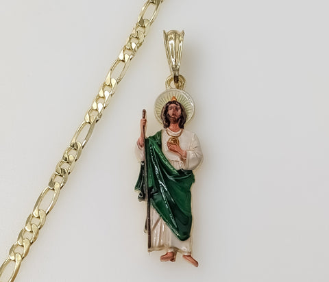 Classic St Jude Patron Saint of Miracles Small Green Plated 4mm Figaro Chain