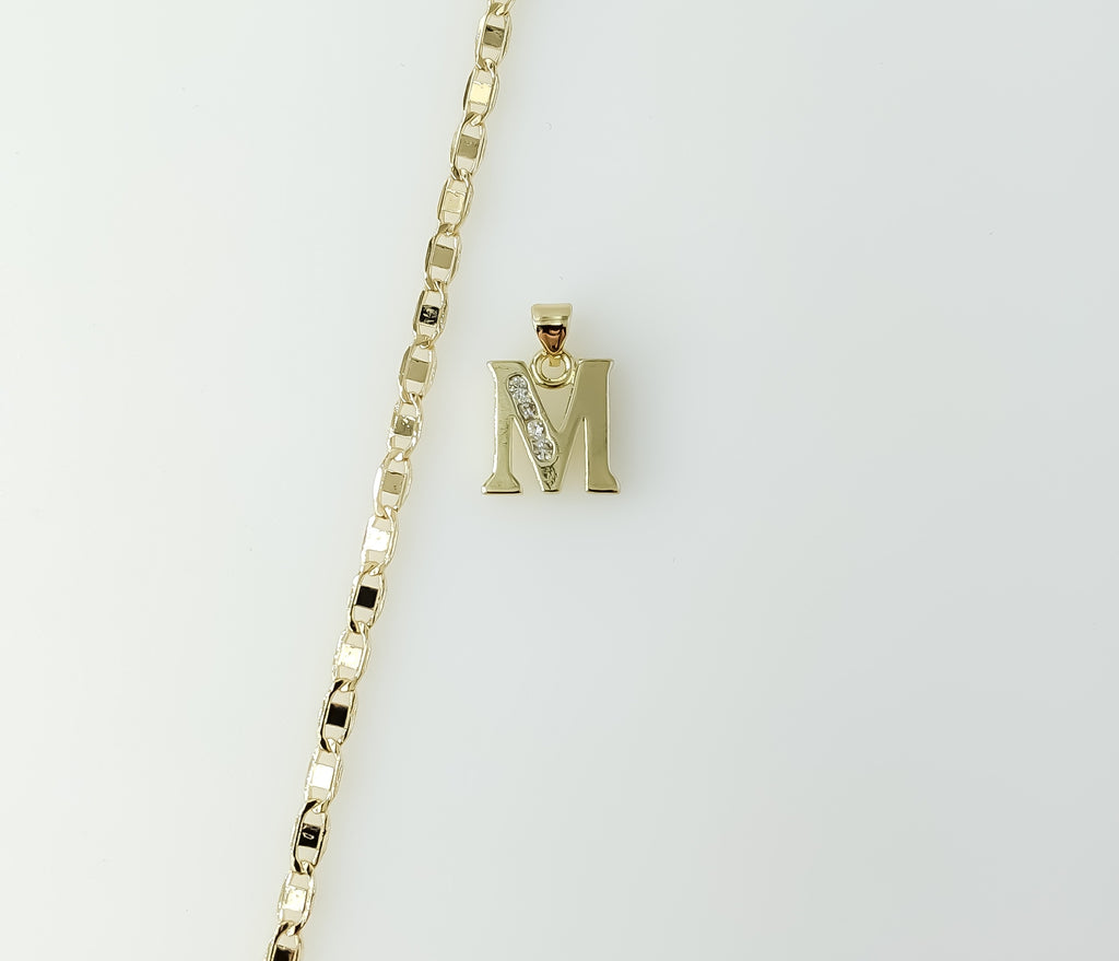 Plated Dainty Letter "M" 3mm Flat Mariner Anchor Chain Necklace