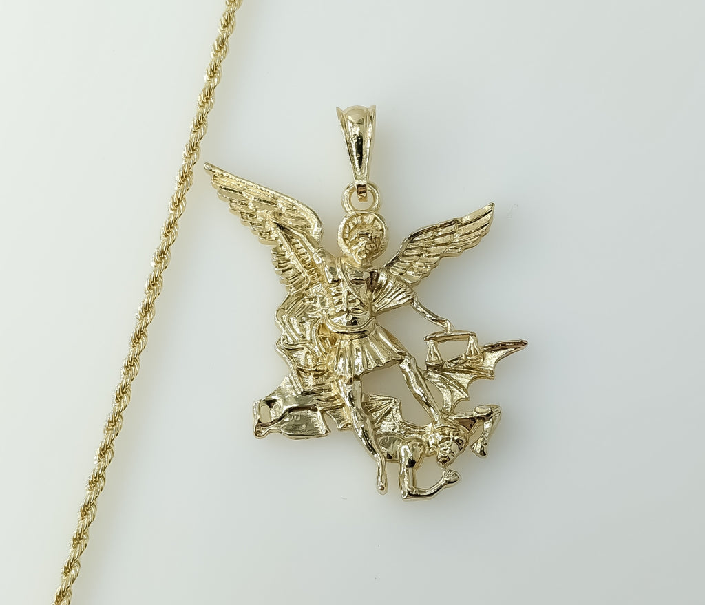 Gold plated Archangel Saint Michael necklace with rope and braided chain.