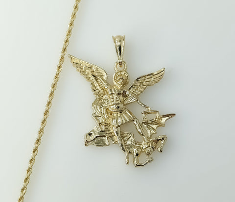 Gold plated Archangel Saint Michael necklace with rope and braided chain.