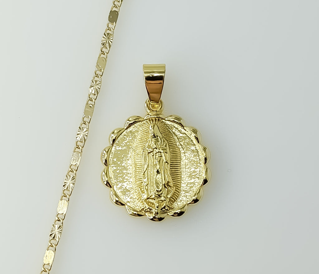 Gold-plated Virgin Mary star pendant on a 2mm solid chain necklace.
Gold-plated Virgin Mary star pendant suspended from