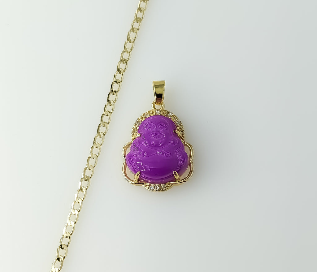 A 14K gold plated Buddha pendant on a Cuban chain necklace.

A Buddha pendant in gold plated metal on a delicate Cuban c