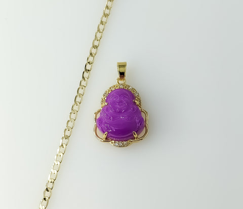 A 14K gold plated Buddha pendant on a Cuban chain necklace.

A Buddha pendant in gold plated metal on a delicate Cuban c
