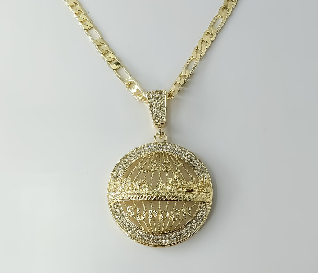 Large gold plated figaro chain necklace with 18k gold accents and a long chain style.