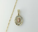 - A gold plated Virgin Mary 2.5mm star chain necklace with tri-color design.
- Tri-color gold plated Virgin Mary 2.5mm s