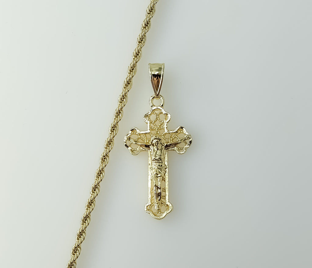 Gold plated 3mm rope braided chain necklace with a cross pendant.