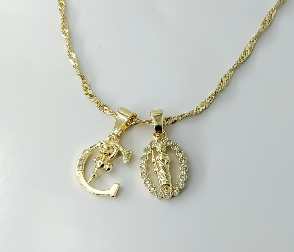Plated Dainty Letter "C" Saint Jude Double Pendants 14K Twist Chain Necklace