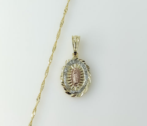 Gold plated 14K twist chain necklace with Virgin Mary charm in intricate design style.