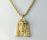 Gold plated rope and braided chain Jesus pendant necklace on a chain.