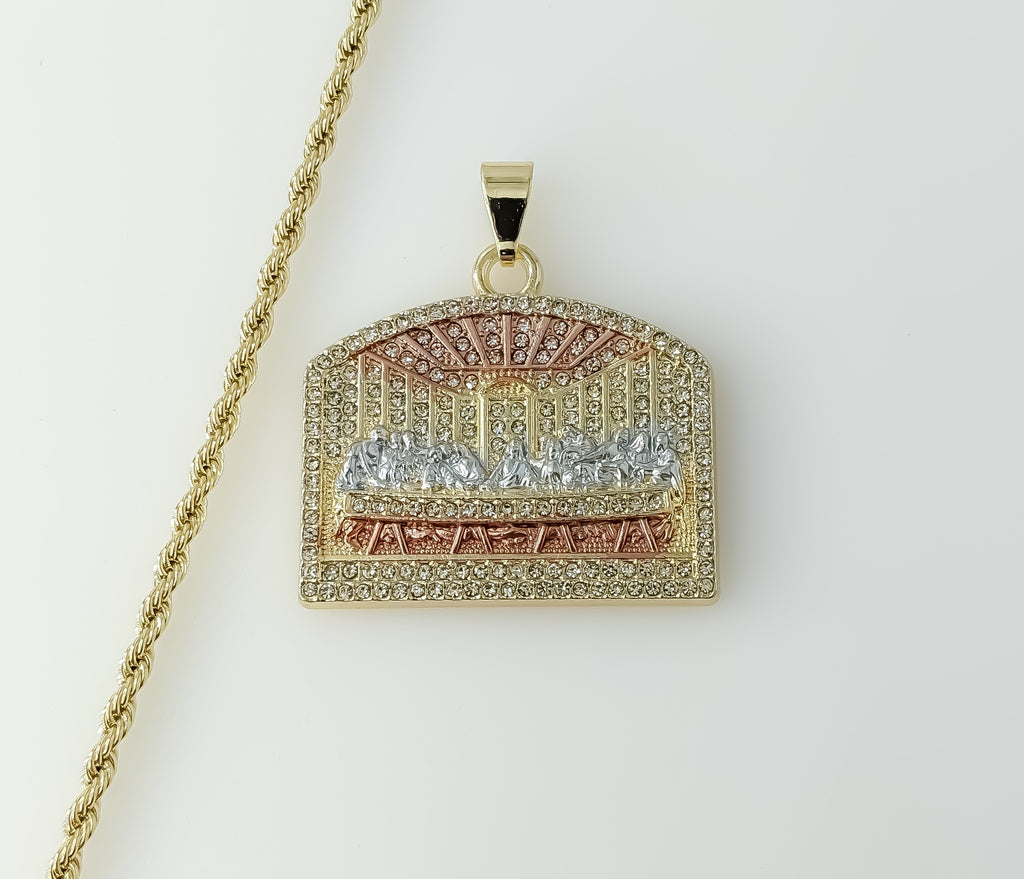 Plated Tri-Color Blinged The Last Supper 3mm Rope/Braided Chain Necklace
