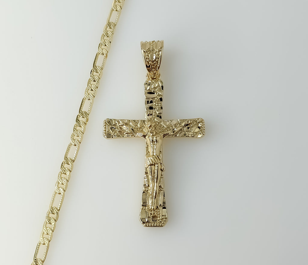 Plated Cross 4mm 14K Diamond Cut Figaro Chain Necklace