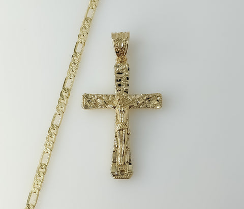 Plated Cross 4mm 14K Diamond Cut Figaro Chain Necklace