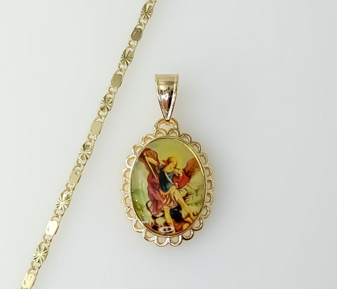 Gold plated archangel Saint Michael star solid chain necklace with chain links.