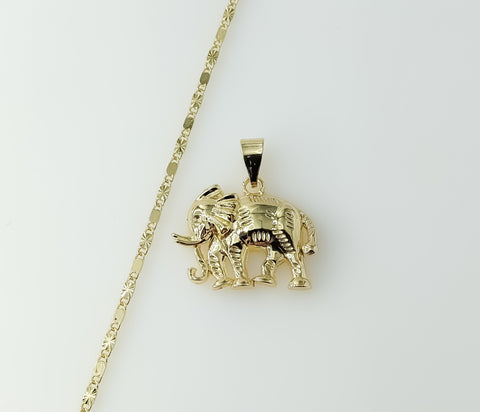 Gold plated chain necklace featuring a solid elephant pendant and star design.

Gold plated chain necklace with a detail