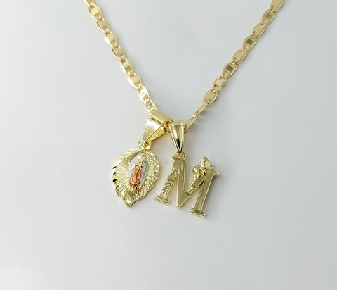 Gold-plated tri-color Virgin Mary pendants on a 3mm mariner chain necklace.
Virgin Mary letter pendants in gold-plated c