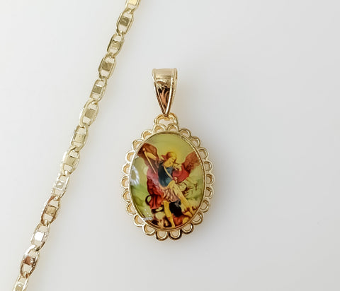 Gold plated anchor chain necklace with a Saint Michael pendant.

Gold plated flat mariner anchor chain necklace with a S
