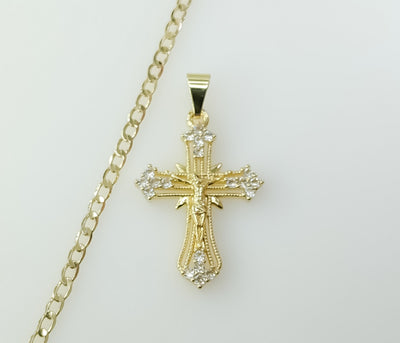 Catholic Necklace Small Cross Jesus Christ Crucifix 14K Golden Plated 3mm Cuban