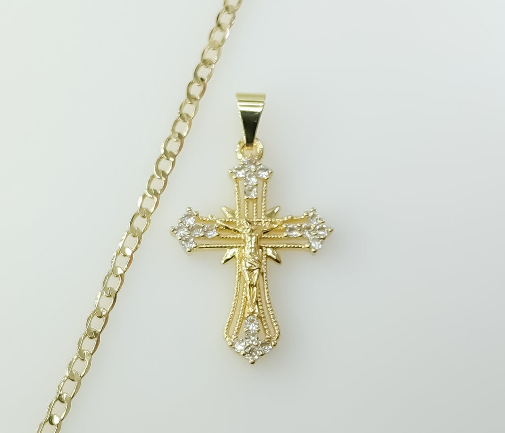 Gold plated 14K Jesus Crucifix pendant on Cuban chain necklace.

Gold plated 14K cross pendant on 3mm Cuban chain neckla