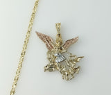 - Gold Plated Archangel Saint Michael star pendant on a 4mm tri-color chain necklace.
- Tri-color chain necklace featuri