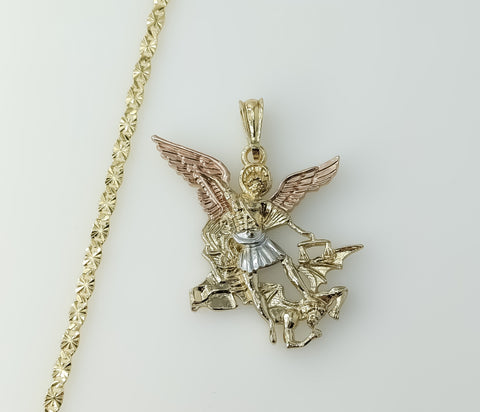 - Gold Plated Archangel Saint Michael star pendant on a 4mm tri-color chain necklace.
- Tri-color chain necklace featuri