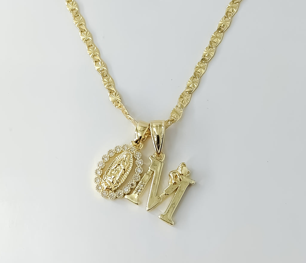 Plated Dainty Letter "M" Virgin Mary Double Pendants 3mm Star Chain Necklace