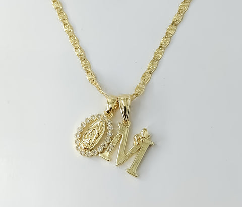 Plated Dainty Letter "M" Virgin Mary Double Pendants 3mm Star Chain Necklace