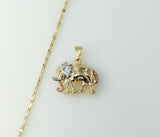 A gold plated solid chain necklace featuring a tri-color elephant 2mm star pendant.

Gold plated chain and star necklace
