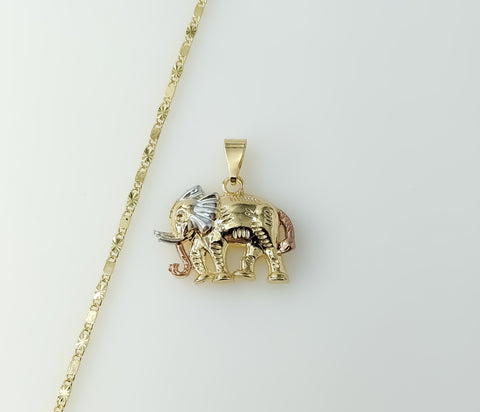 A gold plated solid chain necklace featuring a tri-color elephant 2mm star pendant.

Gold plated chain and star necklace