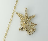 A gold plated figaro chain necklace with an archangel pendant.

A gold plated chain necklace featuring an archangel Sain