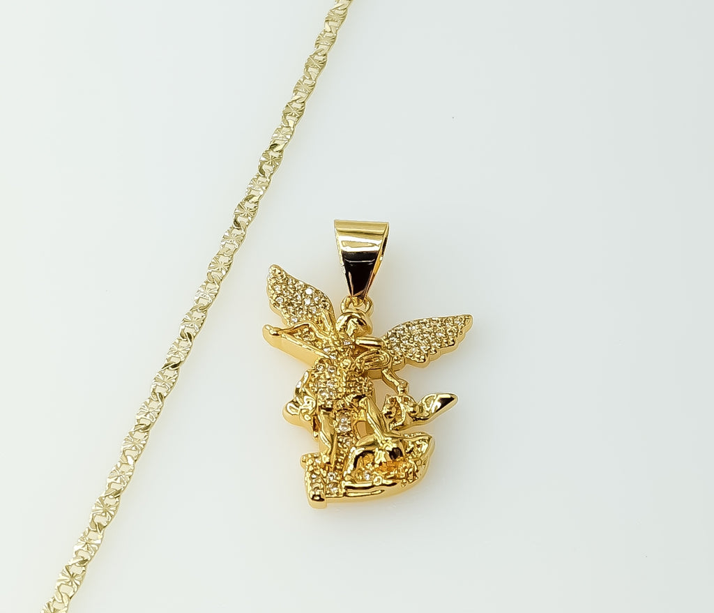 Small Archangel Saint Michael star shaped pendant on gold plated chain necklace.
Gold plated Archangel Saint Michael sta