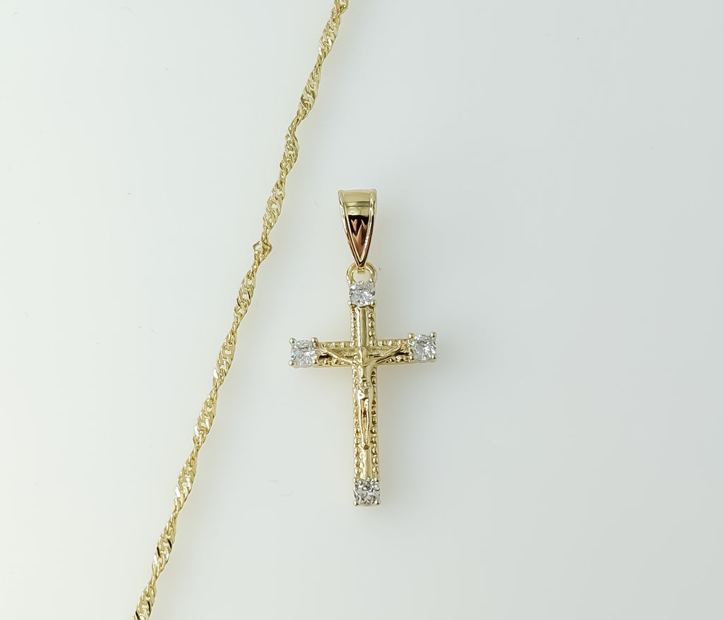 A 14K gold plated twist chain necklace with a small cross pendant.

A gold plated twist chain necklace features a small