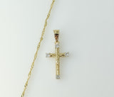 A 14K gold plated twist chain necklace with a small cross pendant.

A gold plated twist chain necklace features a small