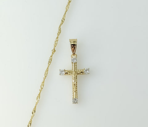 A 14K gold plated twist chain necklace with a small cross pendant.

A gold plated twist chain necklace features a small
