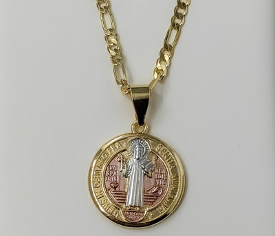 Saint Benedict Tri-Color Medal 25mm Pendant Golden Plated 3mm Figaro Religious Necklace