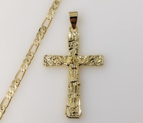 14K Plated 4mm Diamond Cut Figaro Nugget Design Cross Crucifix Christian Gift
