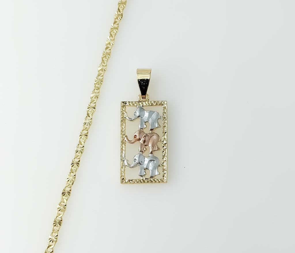Gold plated star-shaped chain necklace with elephant accents and three-link design.

Gold plated three-link chain neckla