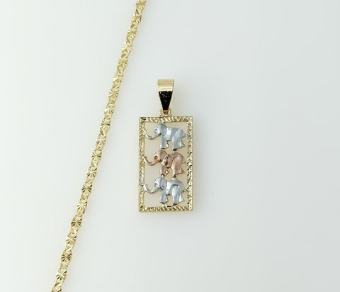 Gold plated star-shaped chain necklace with elephant accents and three-link design.

Gold plated three-link chain neckla