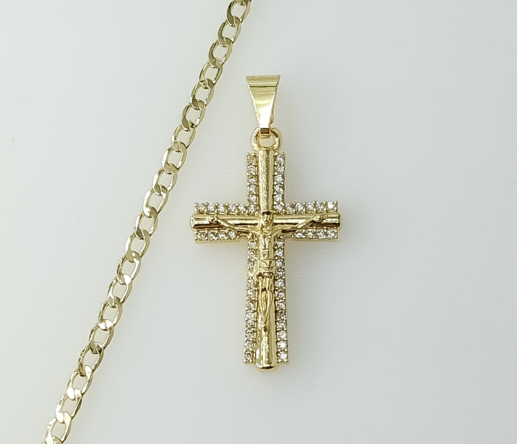 A 14K gold plated Cuban chain necklace with a small cross pendant.

A 14K gold plated chain necklace with a small cross