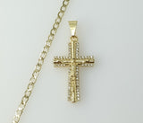 A 14K gold plated Cuban chain necklace with a small cross pendant.

A 14K gold plated chain necklace with a small cross