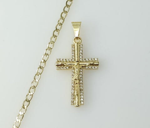 A 14K gold plated Cuban chain necklace with a small cross pendant.

A 14K gold plated chain necklace with a small cross
