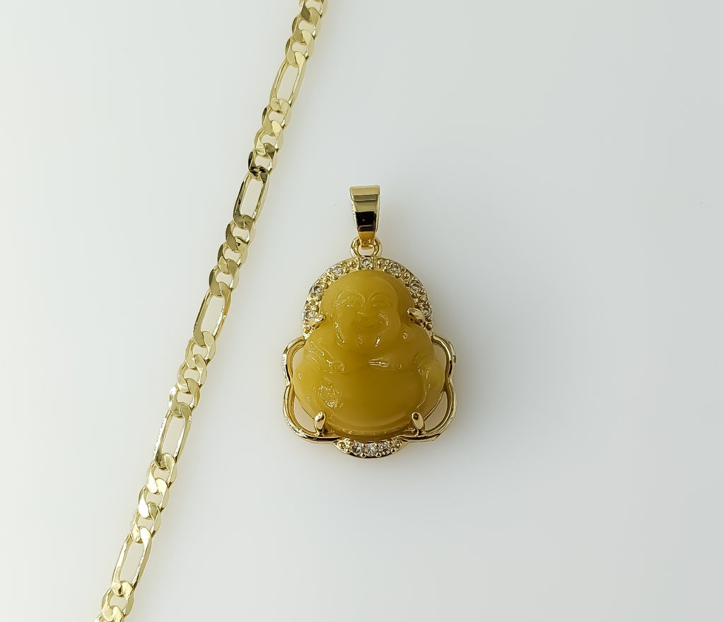A delicate gold plated Buddha pendant on a Figaro chain necklace.